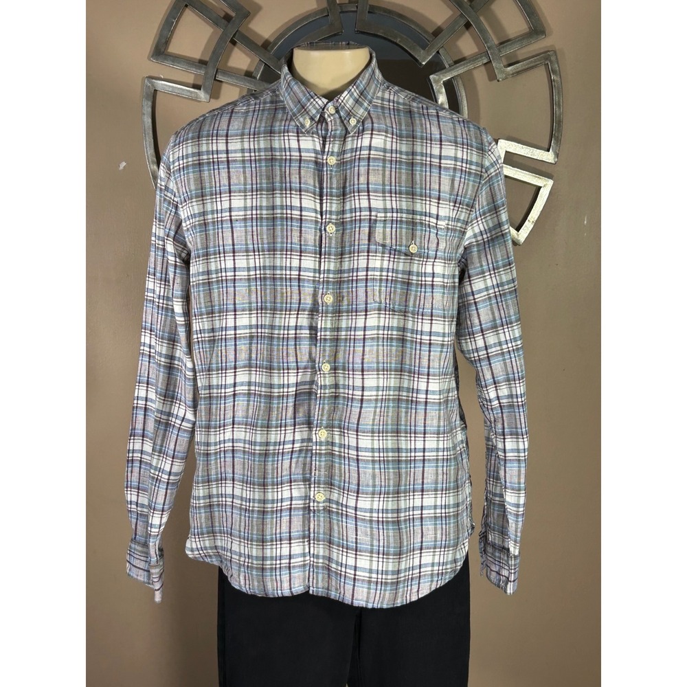 Lucky Brand California Fit Linen Plaid‎ Button Down Shirt Men's Large